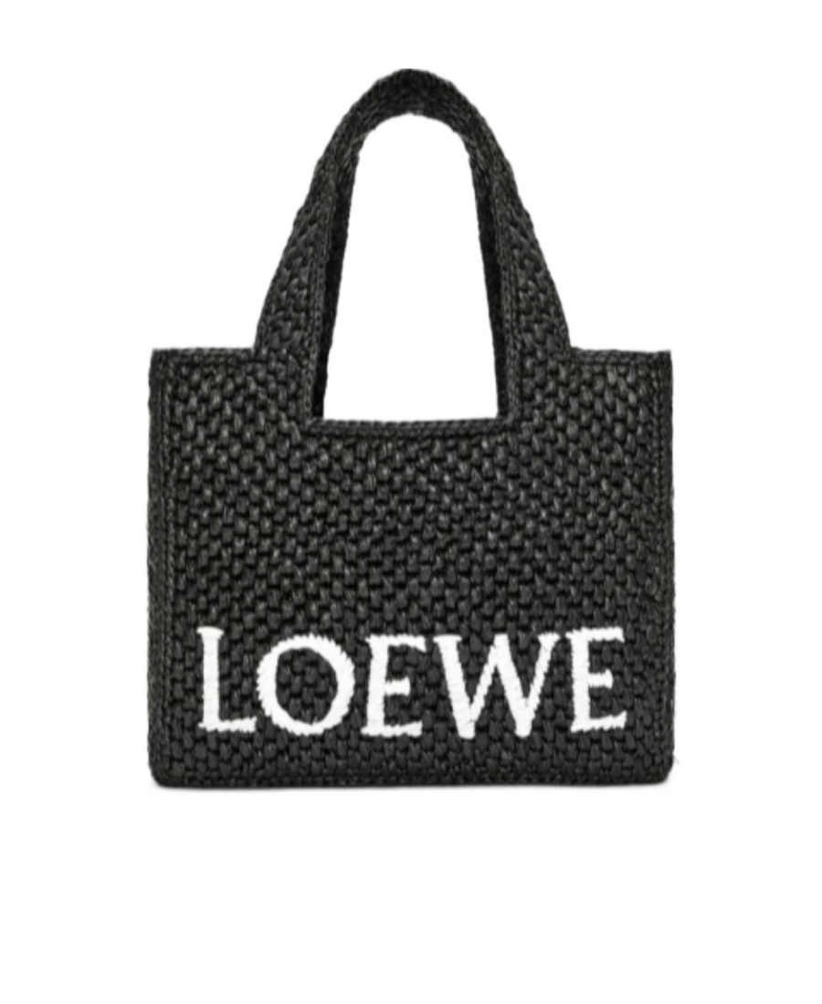 Loewe Logo Medium Tote Bag In Raffia In Black