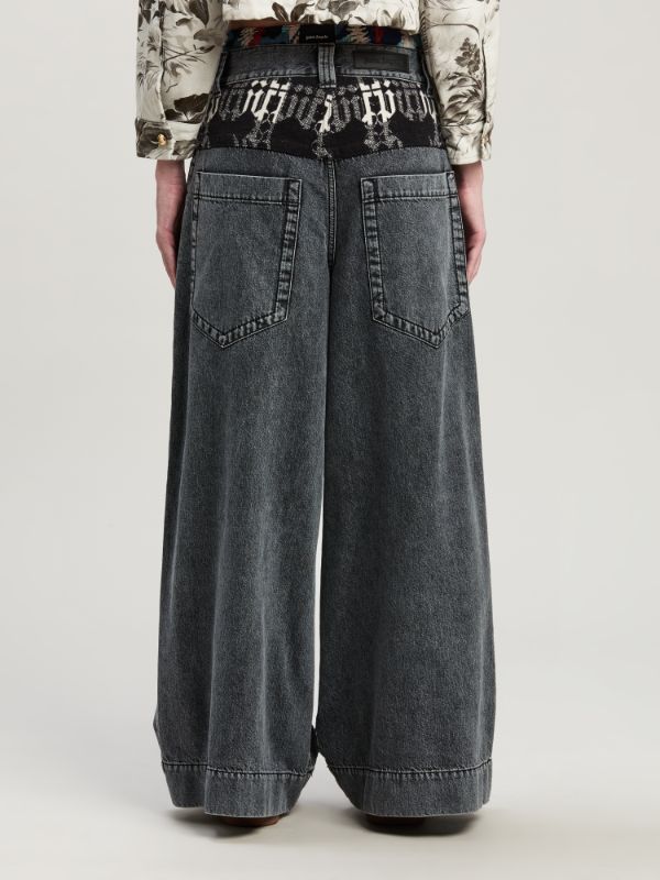 Palm Angels Monogram-pattern Wide-leg Jeans In Black