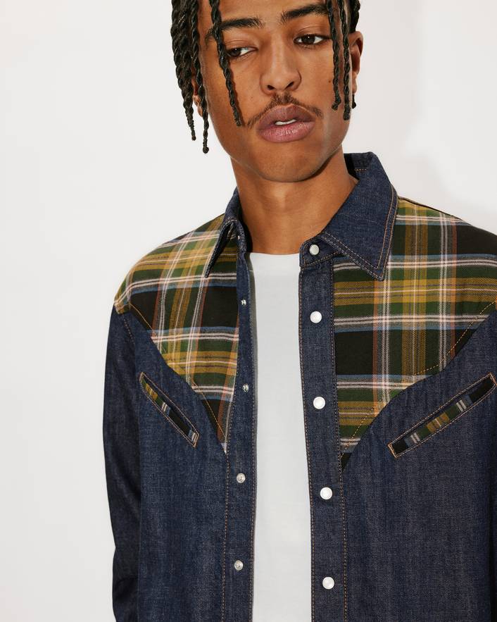 Kenzo Checked-panel Denim Shirt In Black