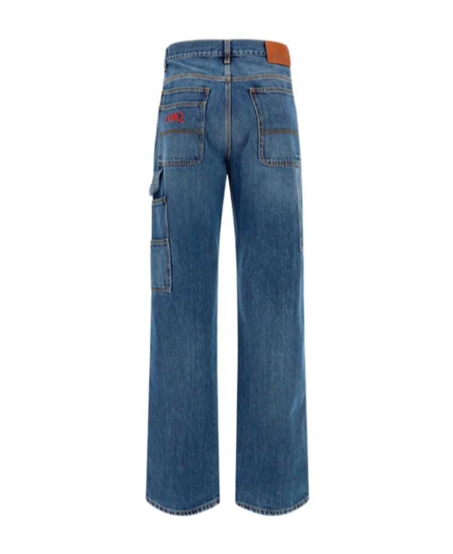 Alexander Mcqueen Embroidered-logo Wide-leg Utility Jeans In Blue