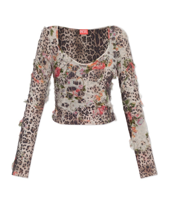 Diesel Sleeves Animal Print Floral Sheer Top In Nude