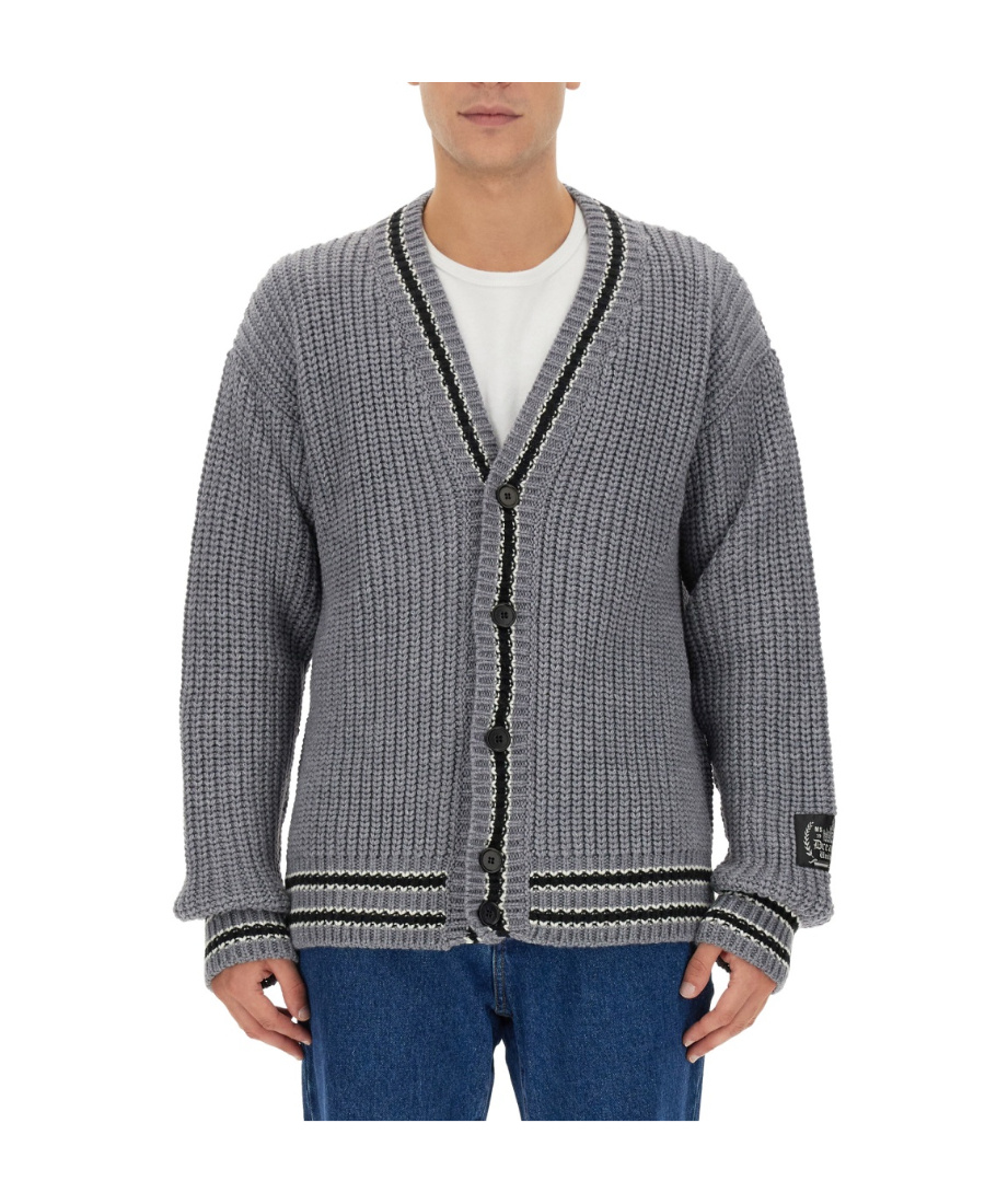 Msgm Striped-trim Buttoned Cardigan In Gray