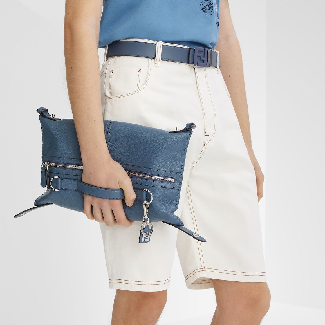 Fendi Blue Leather Selleria Bag With 266 Hand-sewn Topstitches
