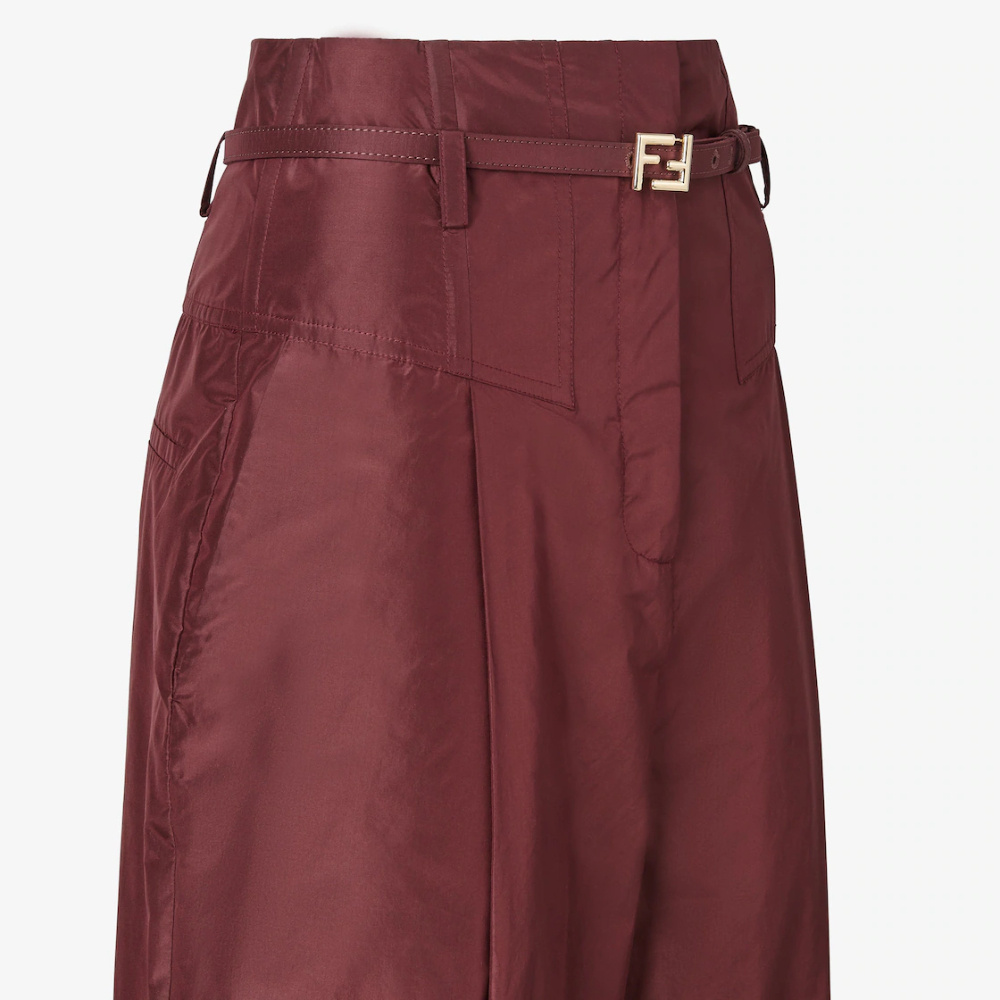 Fendi Women Bordeaux Pants With Ff Buckle Belt And Maxi Turn-up Hem In Silk Woman In Red
