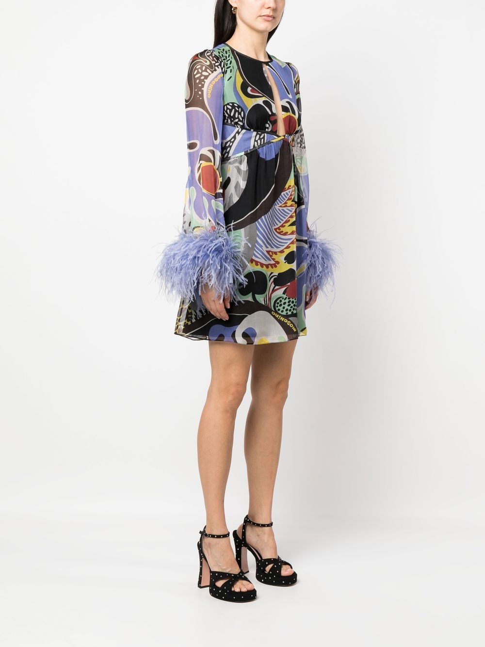 Moschino Feather-trim Psychedelic Print Dress In Multicolor