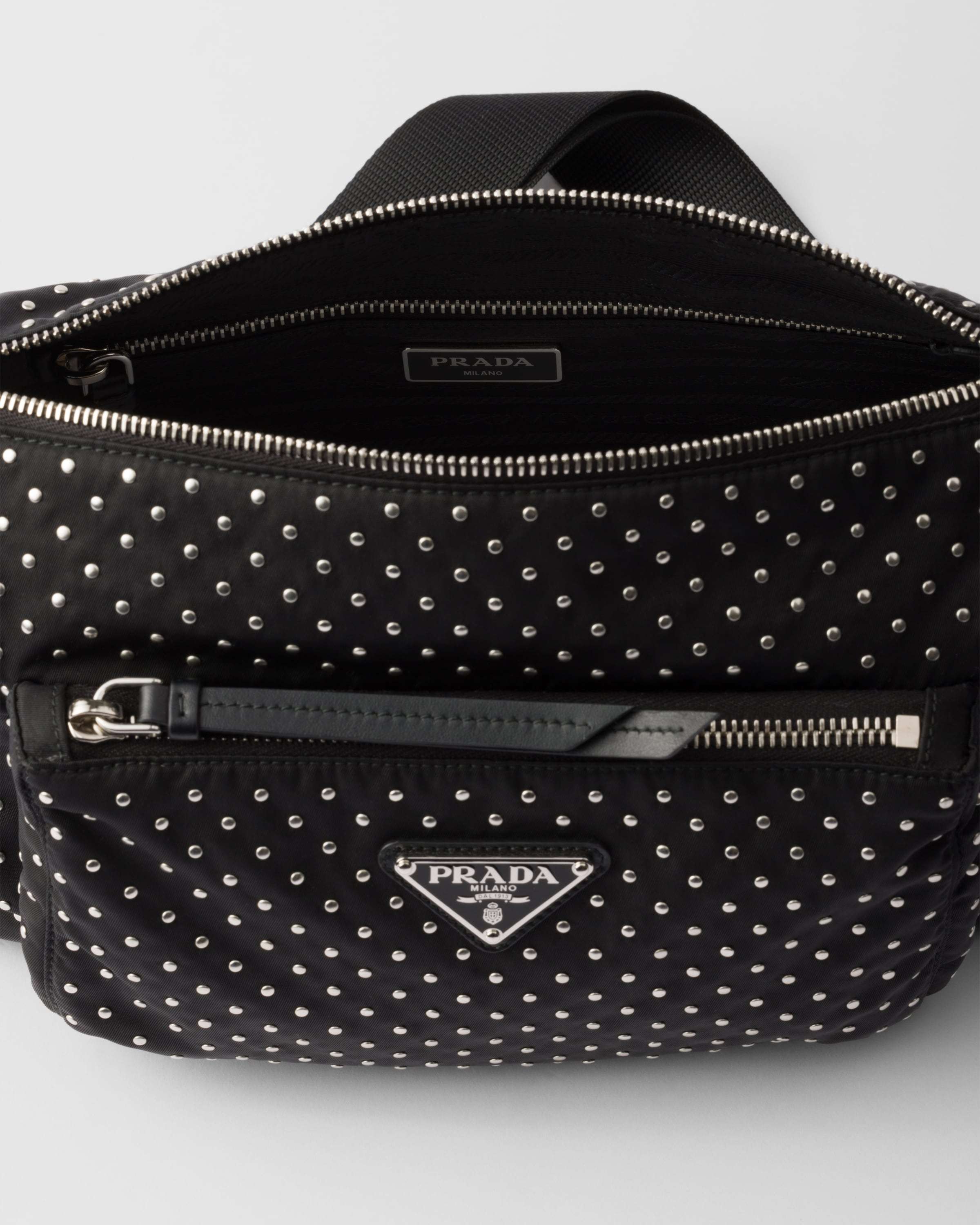 Prada Studded Re-nylon Crossbody Bag In Black