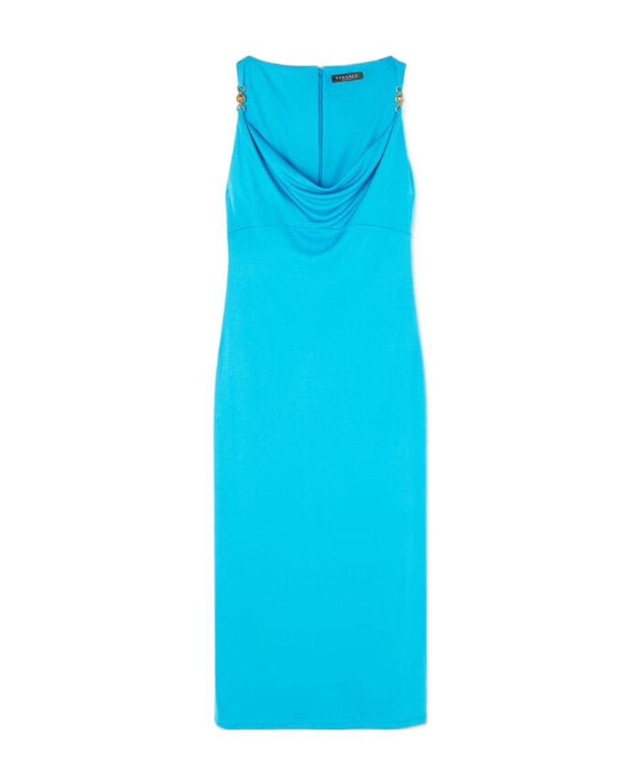 Versace Logo-plaque Cowl-neck Midi Dress In Blue