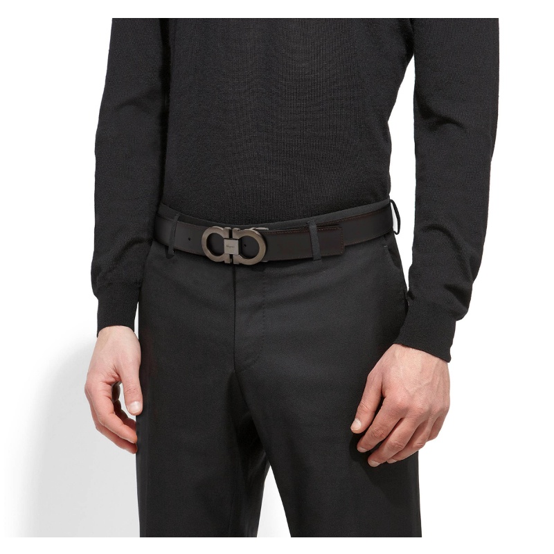 Ferragamo Black And Brown Gancini Buckle Double-sided Belt In Black
