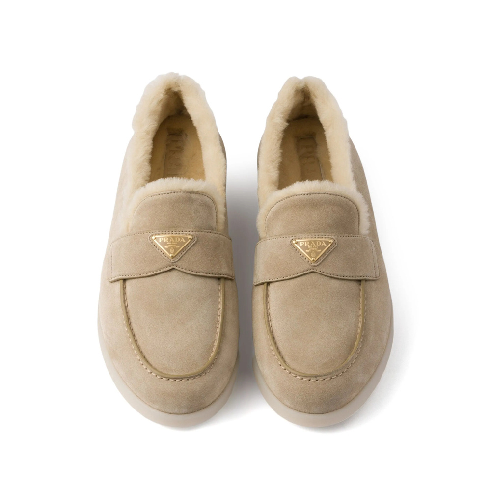 Prada Suede Shearling Loafers In Brown