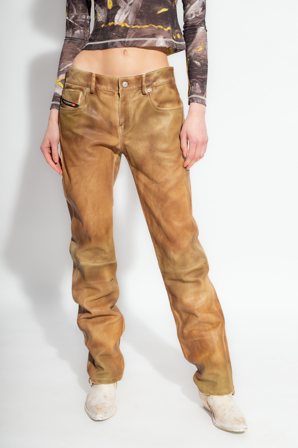 Diesel L-texa Slim-fit Leather Trousers In Brown