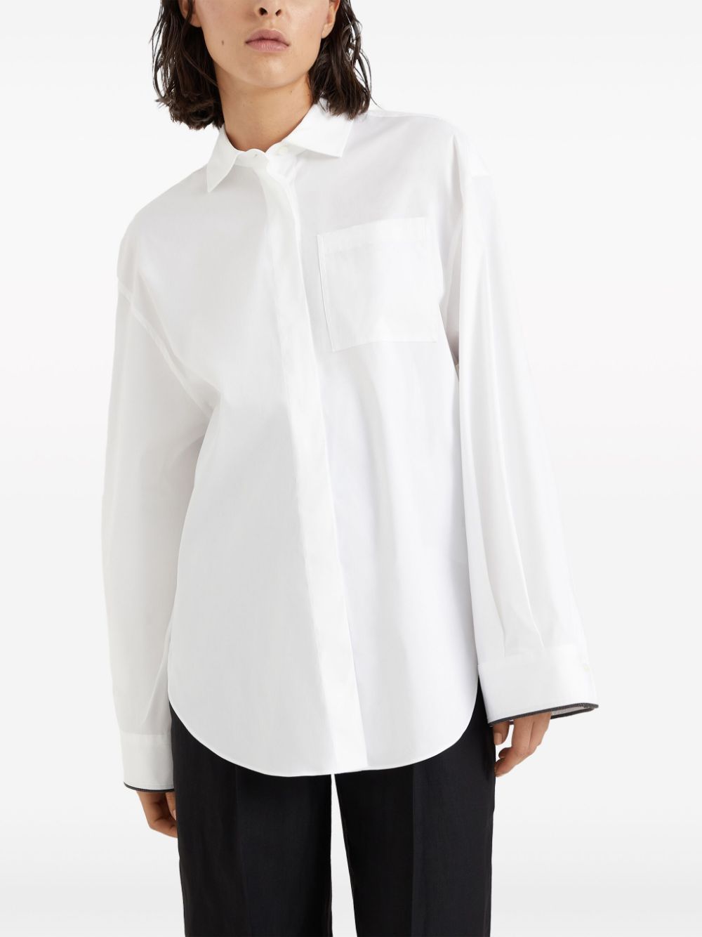 Brunello Cucinelli Oversized White Shirt With Contrasting Hem In Cotton Blend Woman In White