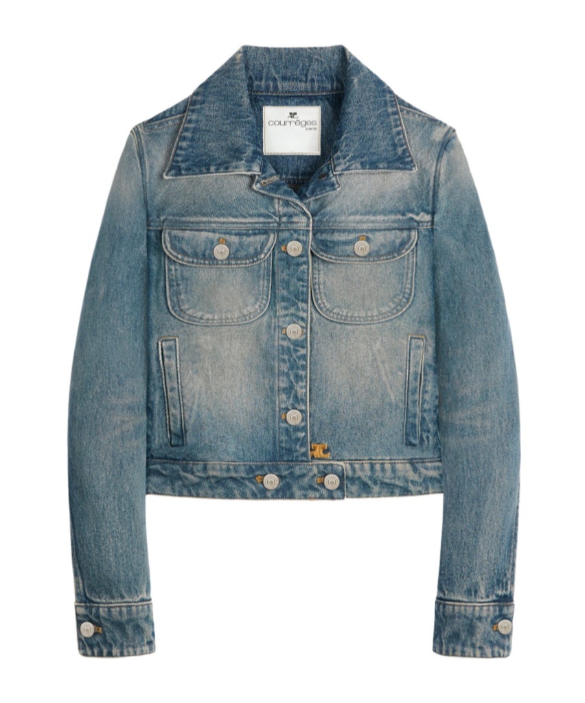 Shop Courrèges Trucker Logo-embroidered Denim Jacket In Gray