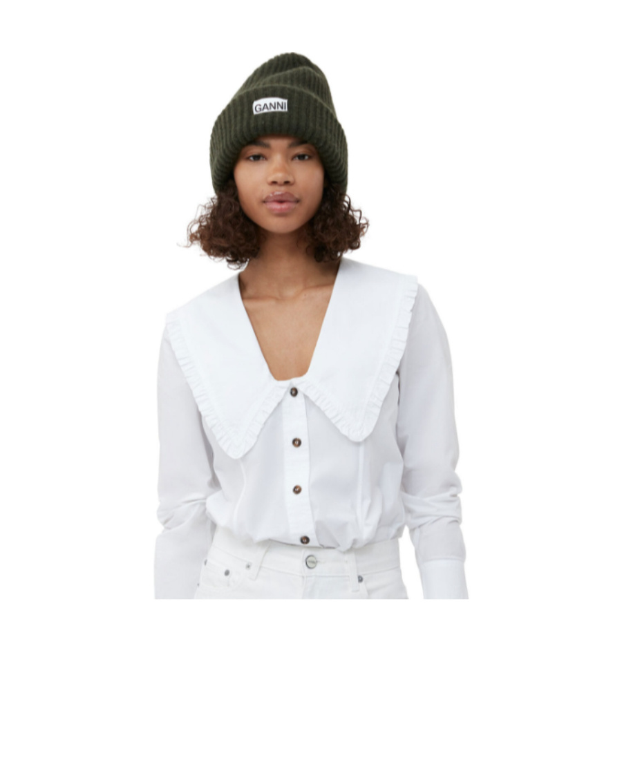 Ganni Loose Wool Rib Knit Beanie In Green