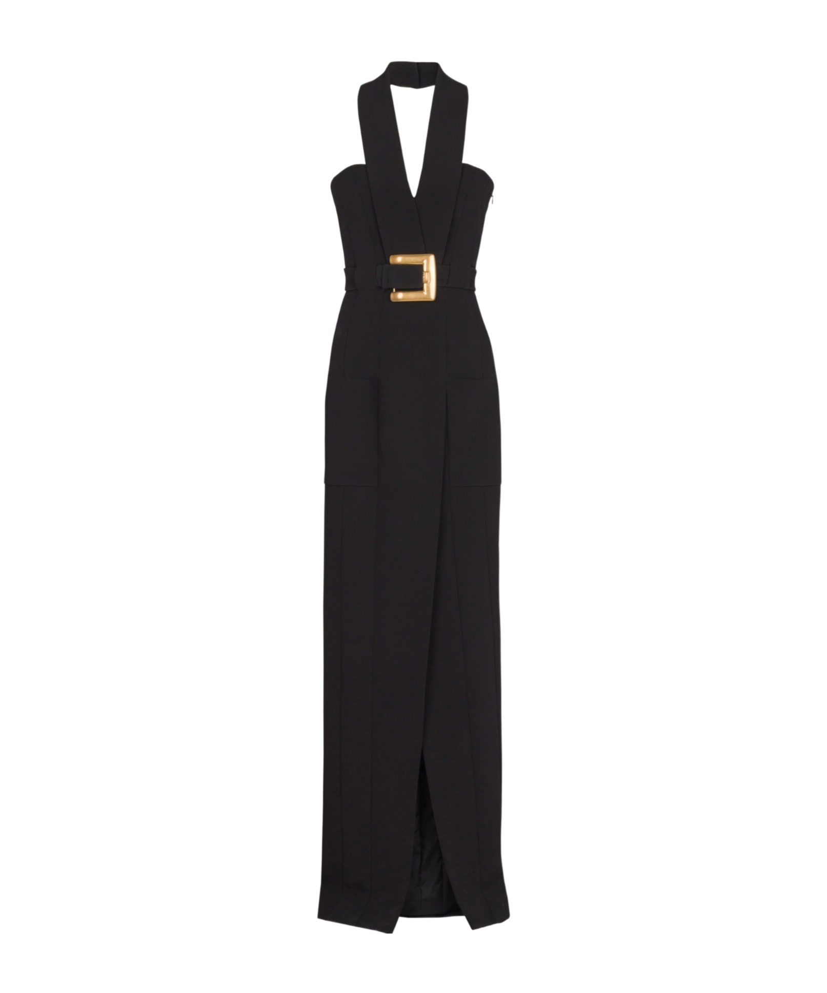 Balmain Long Crepe Dress With Belt In Black