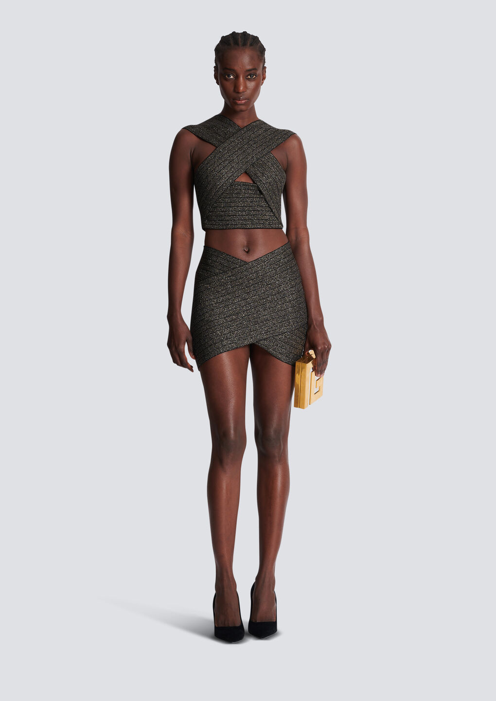 Balmain Stripe-pattern Knitted Miniskirt In Black