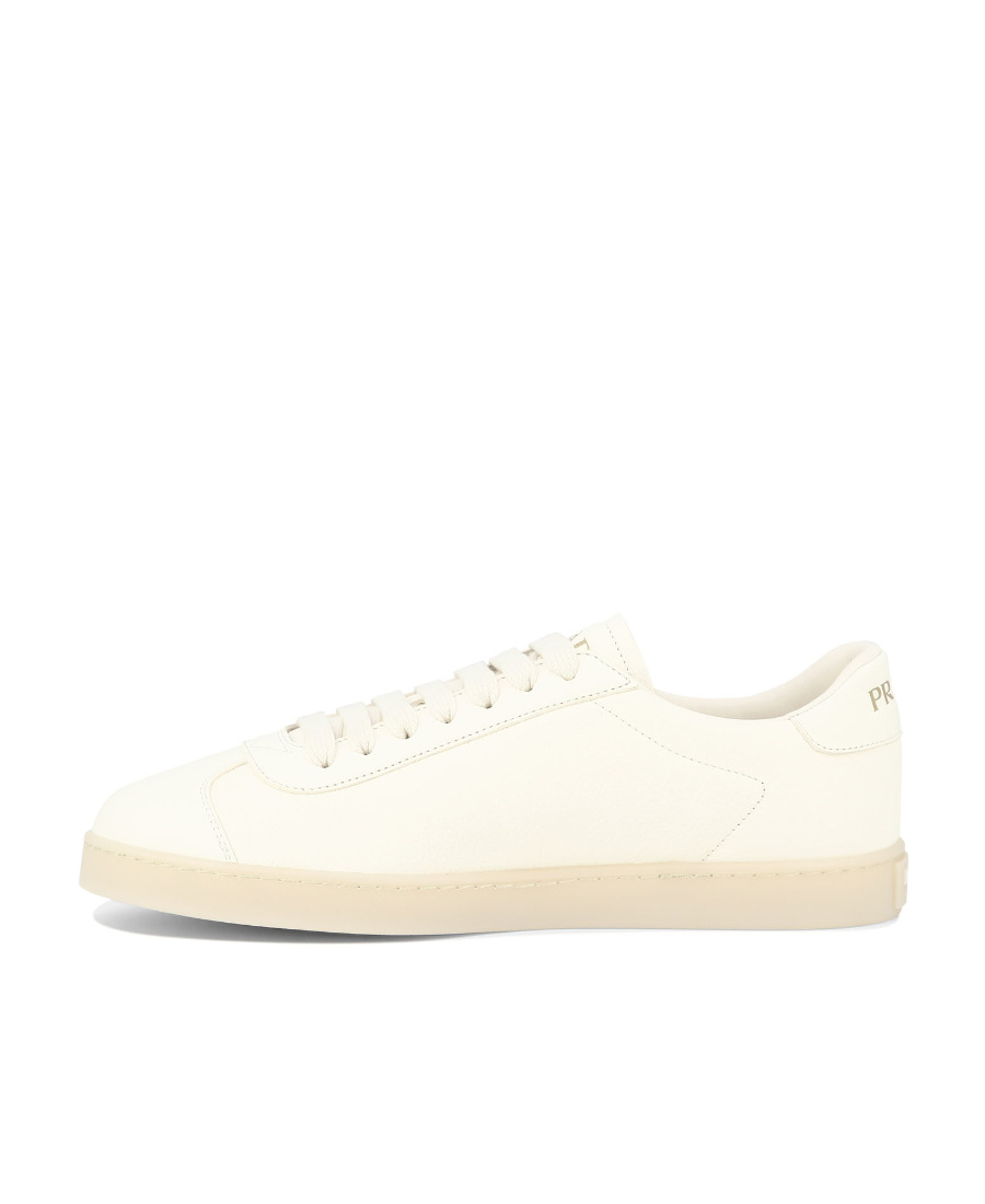 Prada Mens White Triangle-plaque Vintage-effect Leather Low-top Trainers In Nude
