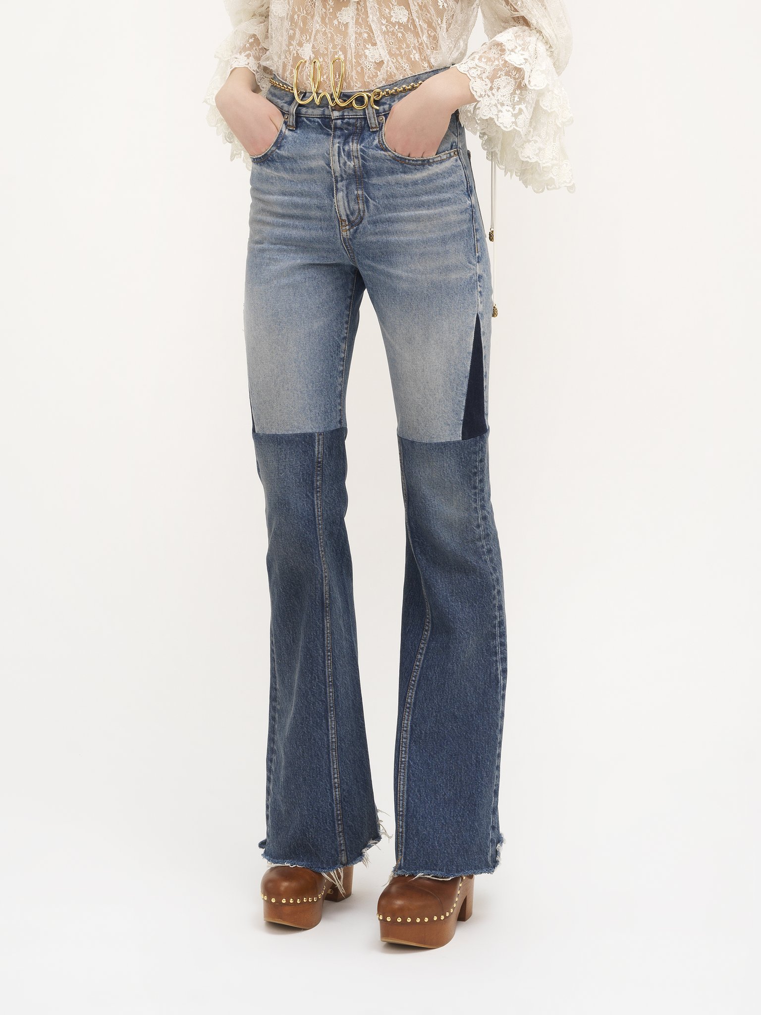 Chloé Patchwork Rigid High-rise Flared-leg Jeans In Blue