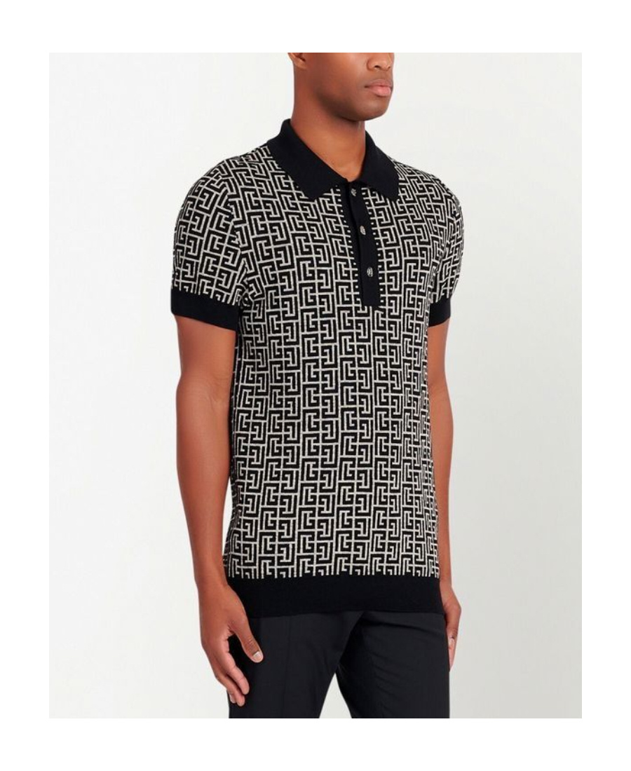 Balmain Monogram Pattern Polo With Classic Collar In Black