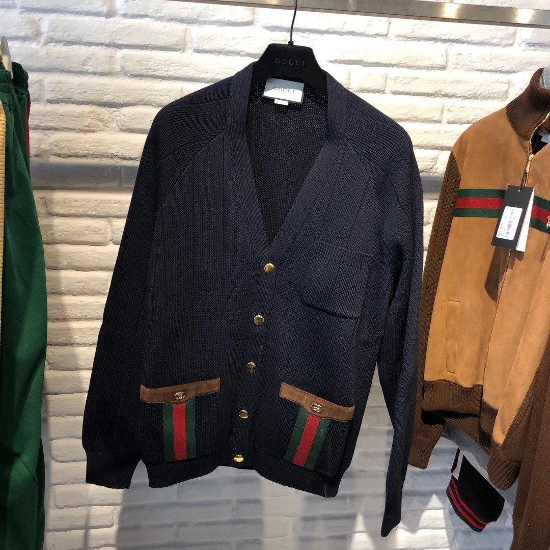 Gucci Ribbon Knitted Wool-blend Cardigan For Men Black In Blue