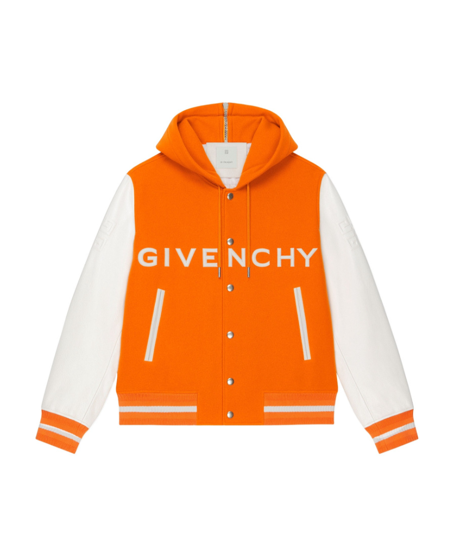 Givenchy Mixed Media Logo Wool Blend Varsity Jacket In Orange