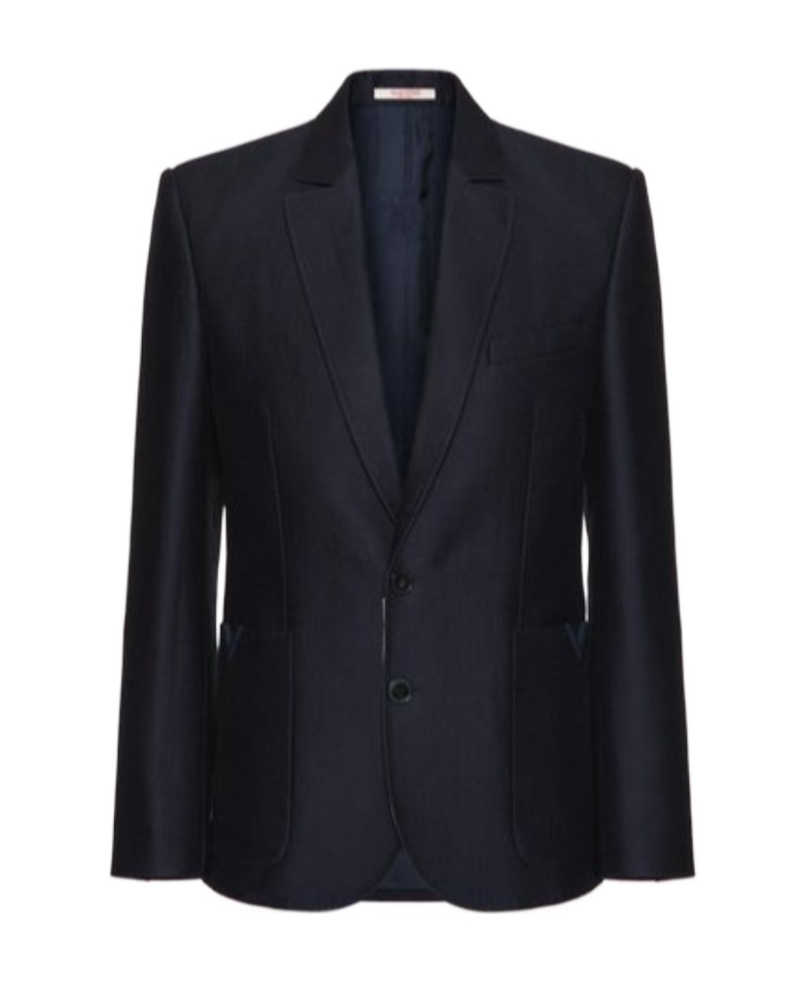 Valentino Wool And Silk Single-breasted Jacket With Rubberised V Detail In Black