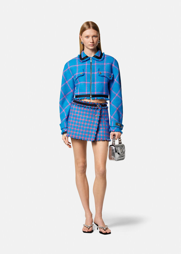 Versace Ruffled Tweed Casual Jacket In Blue