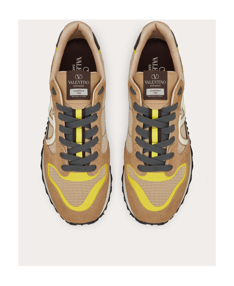 Shop Valentino Vlogo Pace Low-top Sneaker In Split Leather, Fabric And Calf Leather In Brown