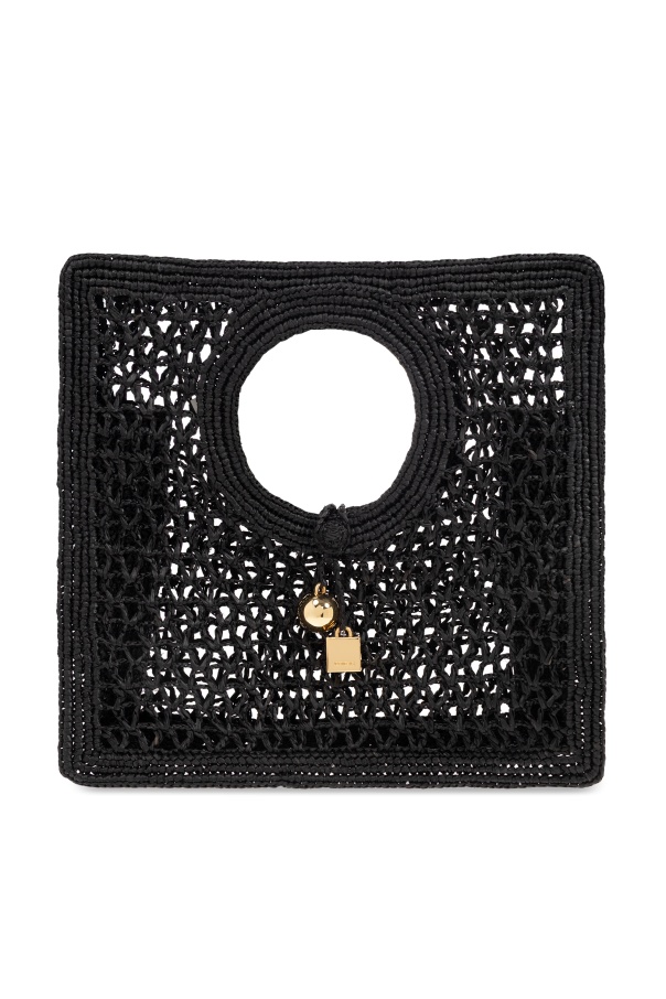 Jacquemus Carre Spiaggia Embellished Braided Raffia Tote In Black