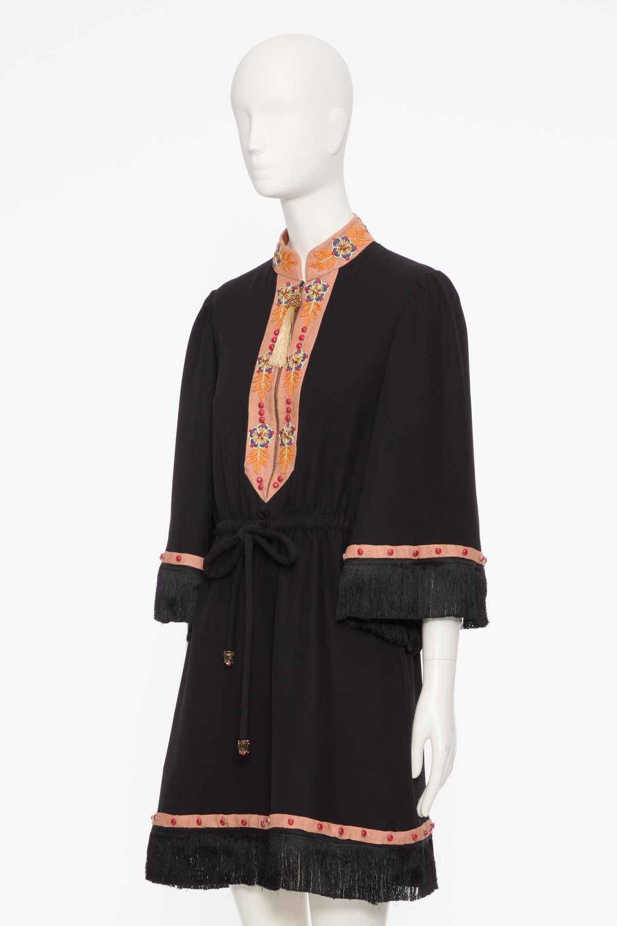 Valentino Belted Fringed Edge Dress In Black