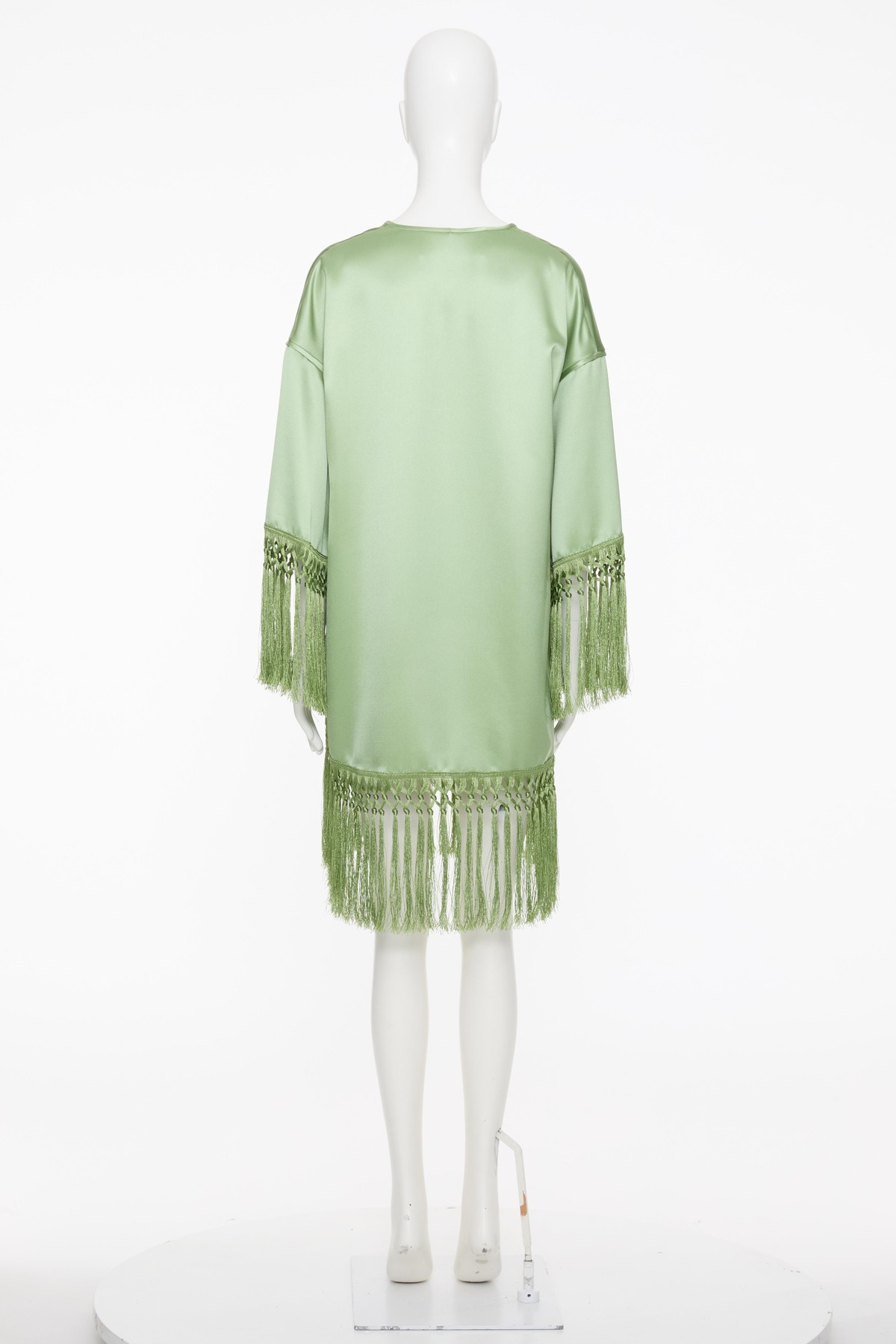 Valentino Tunic Dress In Silk Satin With Fringe In Green