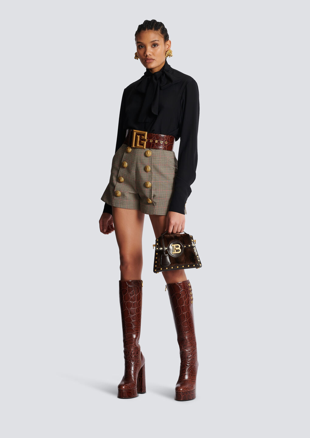 Balmain Checked Wool Blend High Rise Shorts In Gray