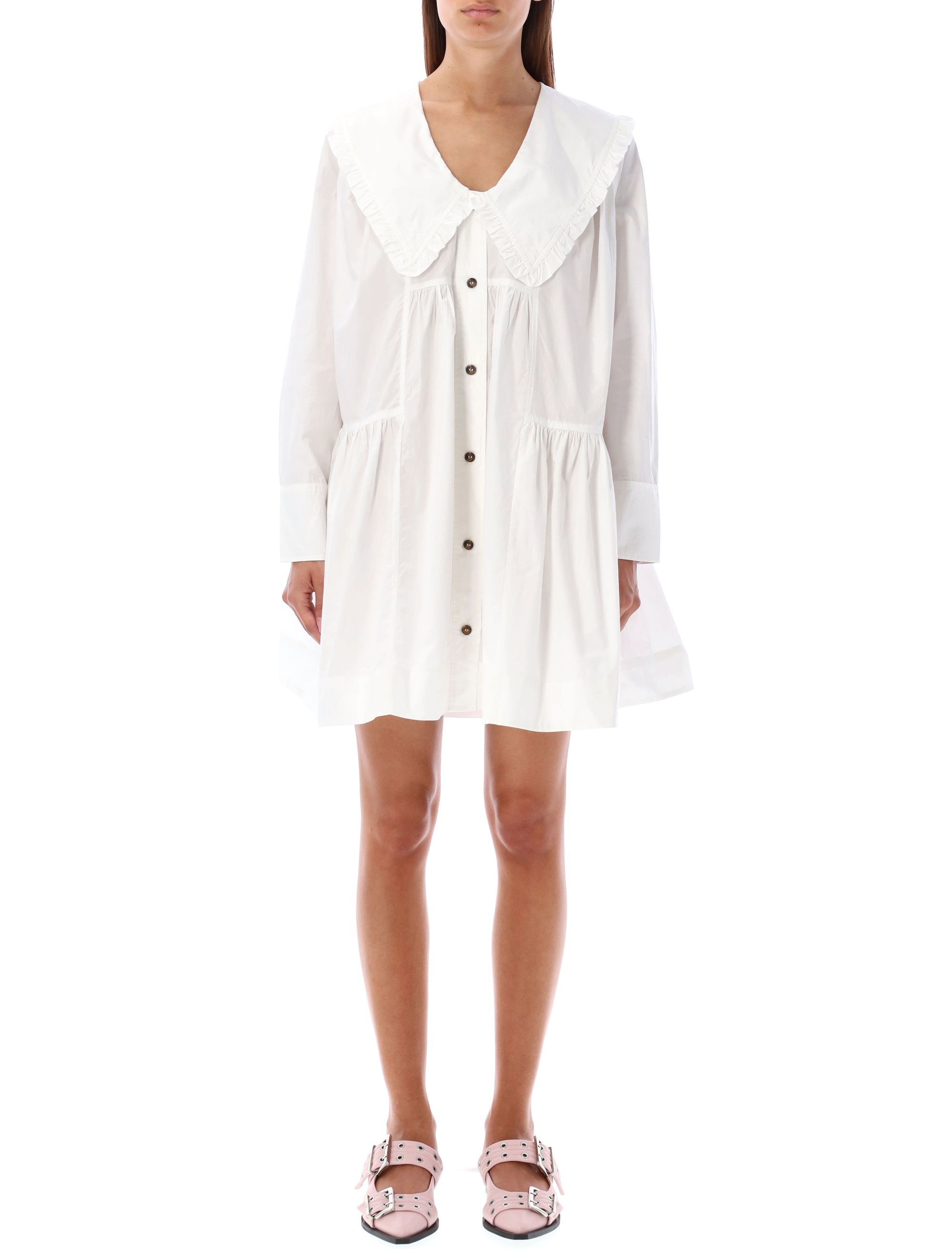 GANNI RUFFLED-TRIM COTTON MINIDRESS