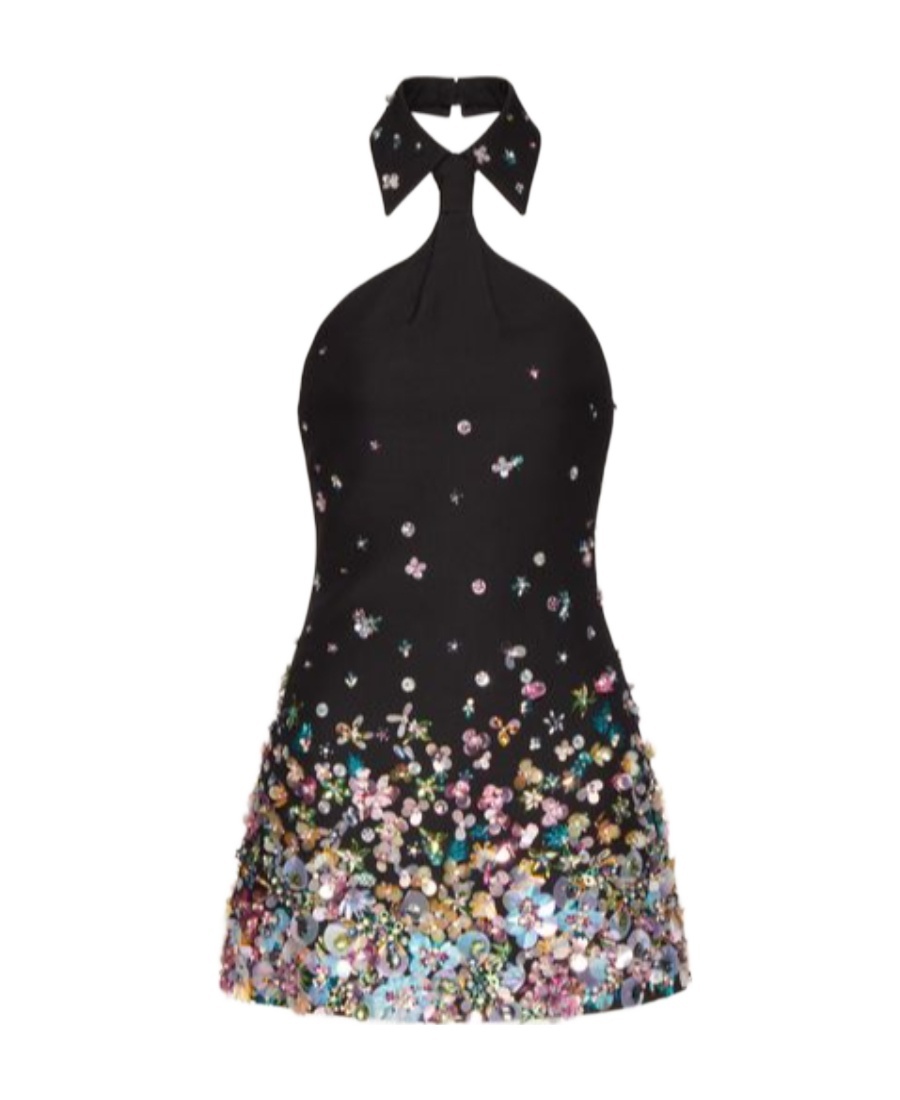 Valentino Floral-embellished Collared Mini Dress In Black