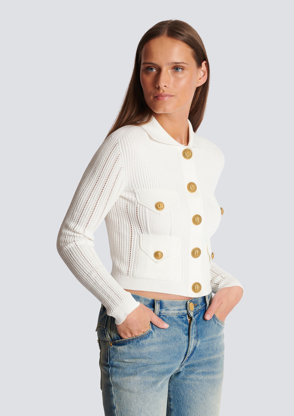 Shop Balmain Buttoned Knit Cardigan In White