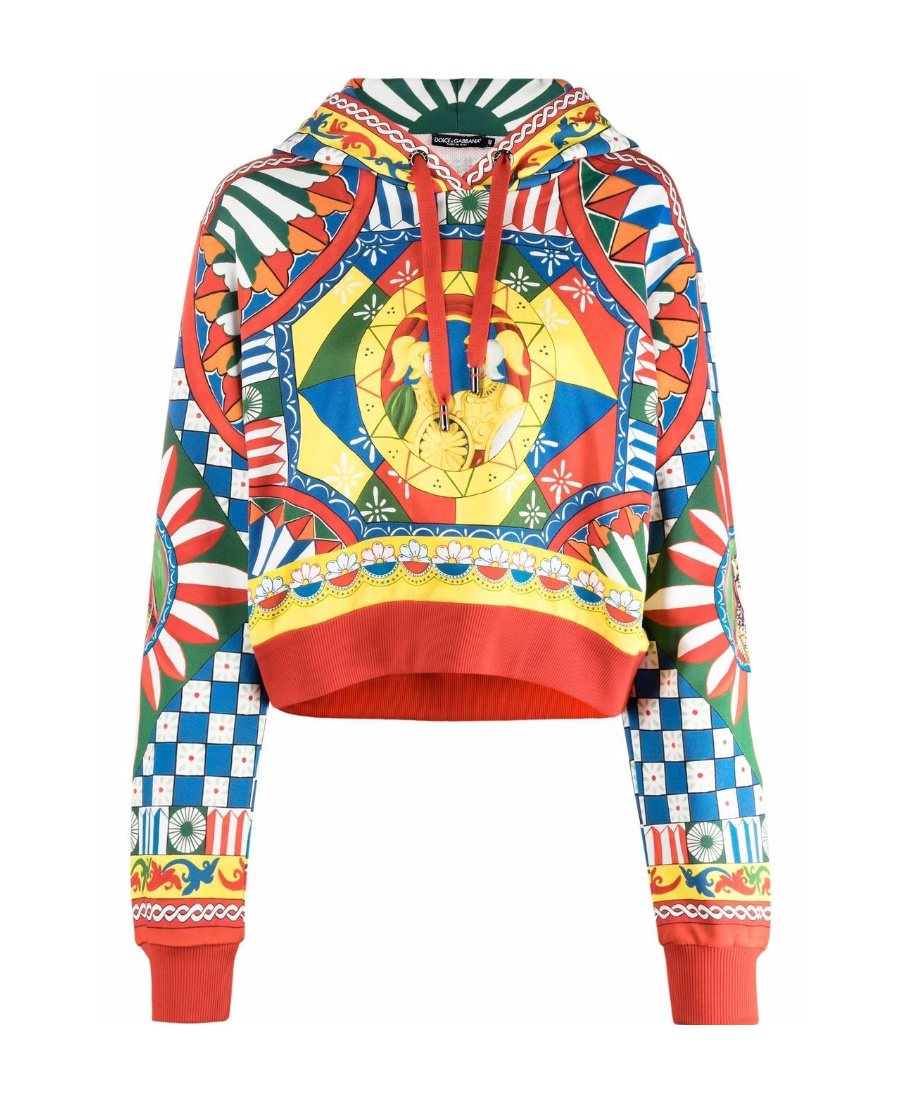 Dolce & Gabbana Cropped Jersey Hoodie With Carretto Print In Multicolor