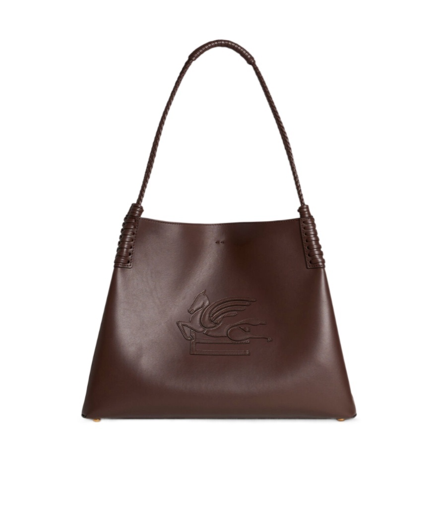 Etro Brown Leather Bag With Embroidered Logo In Multicolor