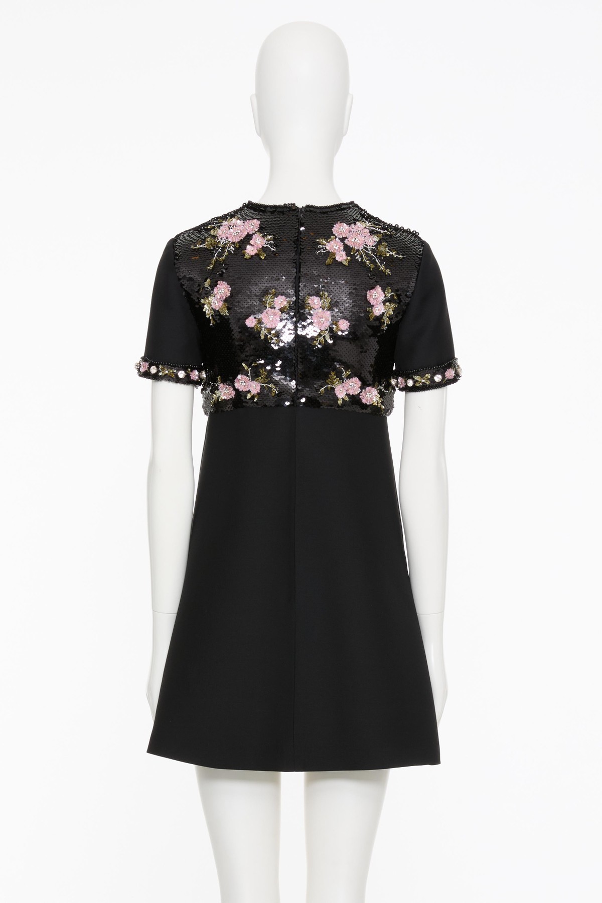 Valentino Floral Sequined Bow-neck Mini Dress In Black, Multicolour
