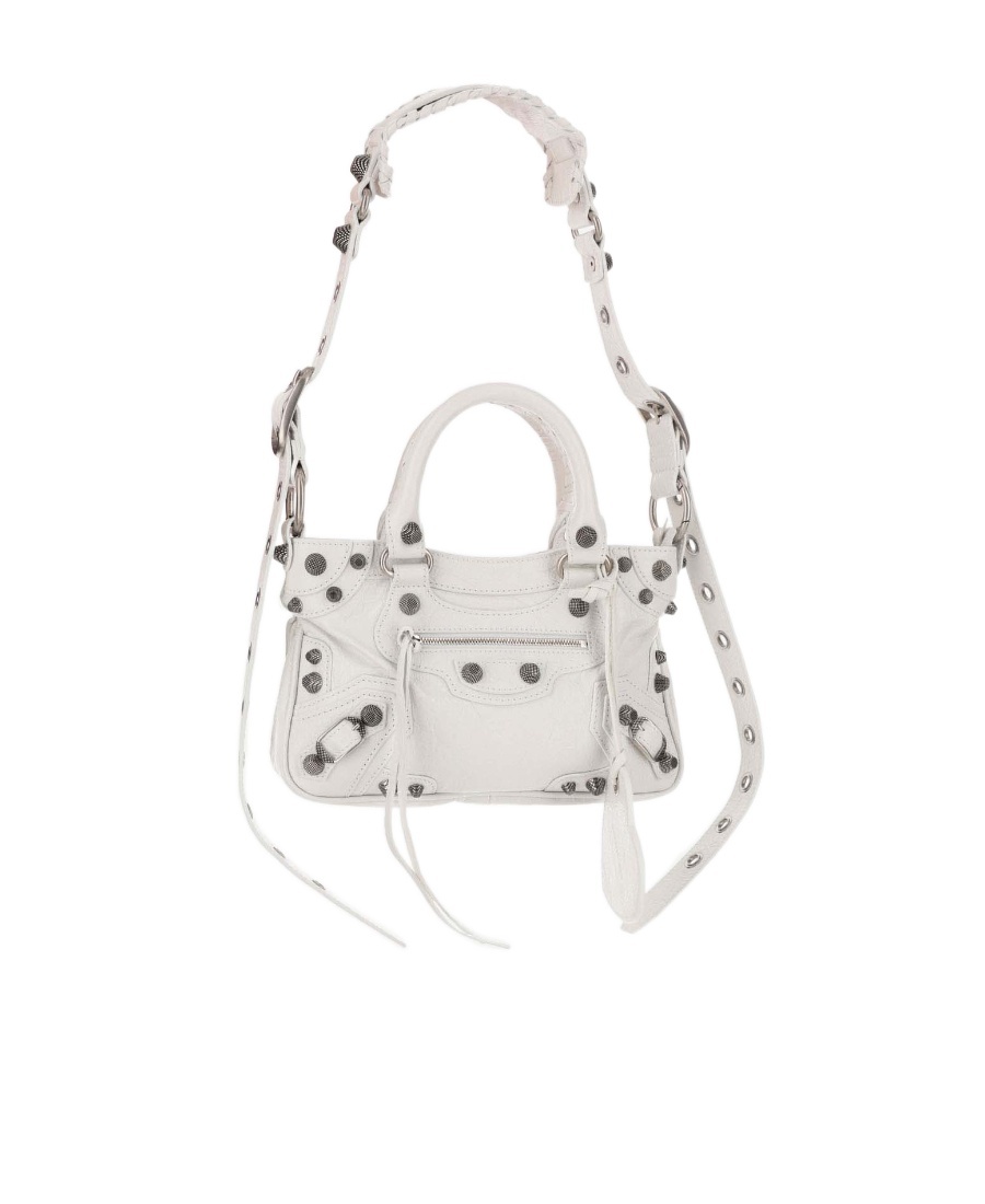 Balenciaga Green Leather Shoulder Handbag With Magnetic Closure And Metal Details In White
