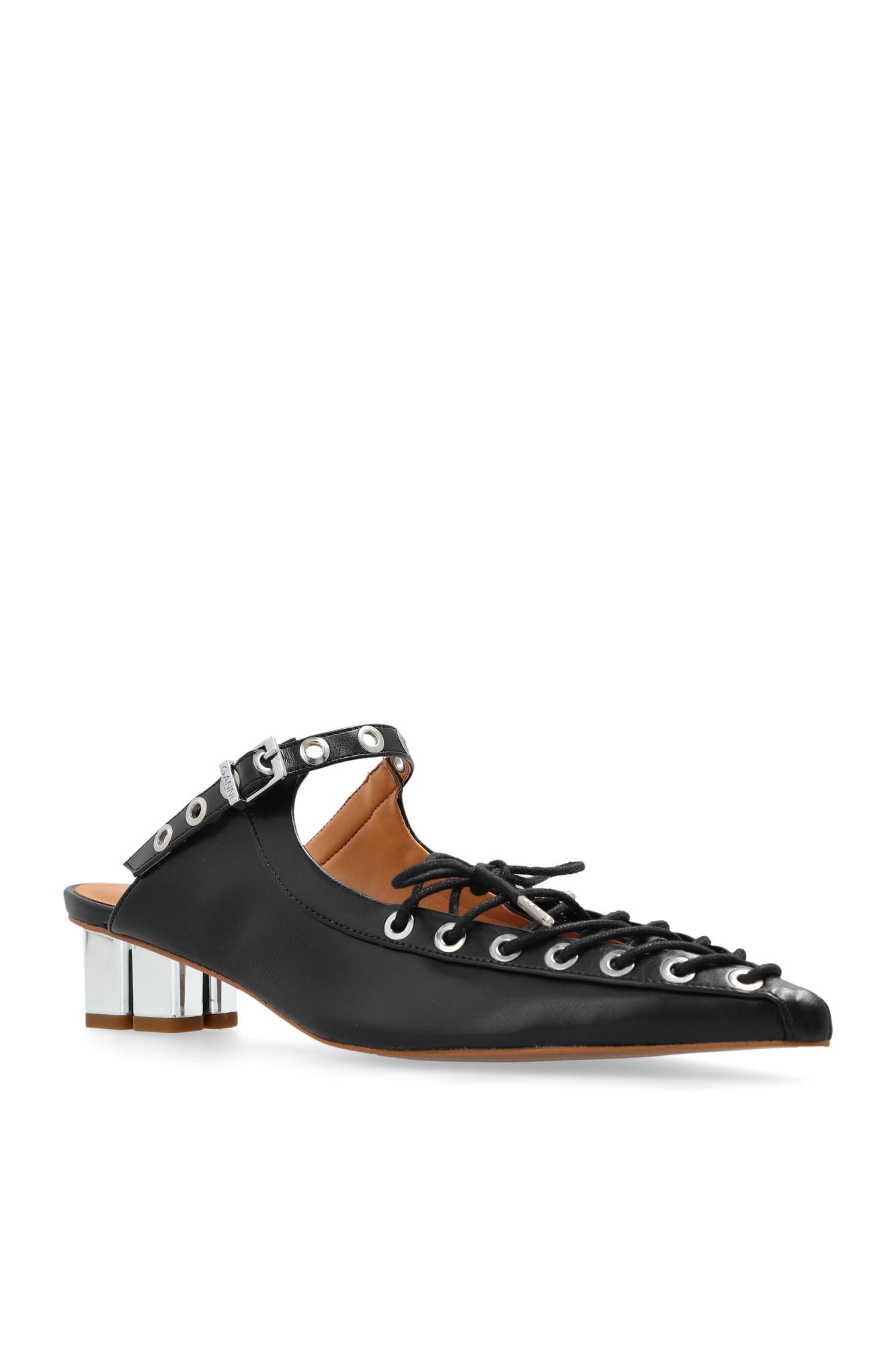 Shop Ganni Black Oleatex Lace-up Mules
