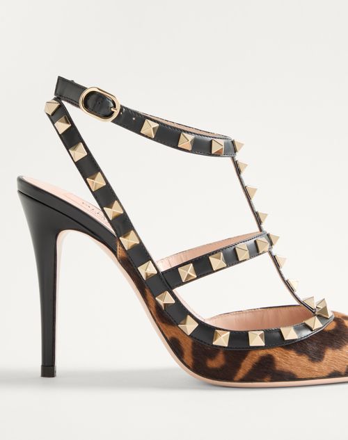 Valentino Garavani Rockstud Pumps With Straps In Pony-effect Calfskin 100mm Woman Animal Print 40.5 In Brown