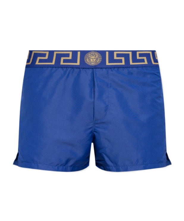 Versace Blue Swim Shorts With Elastic Waist With Greca Motif In Tech Fabric Man In Blue