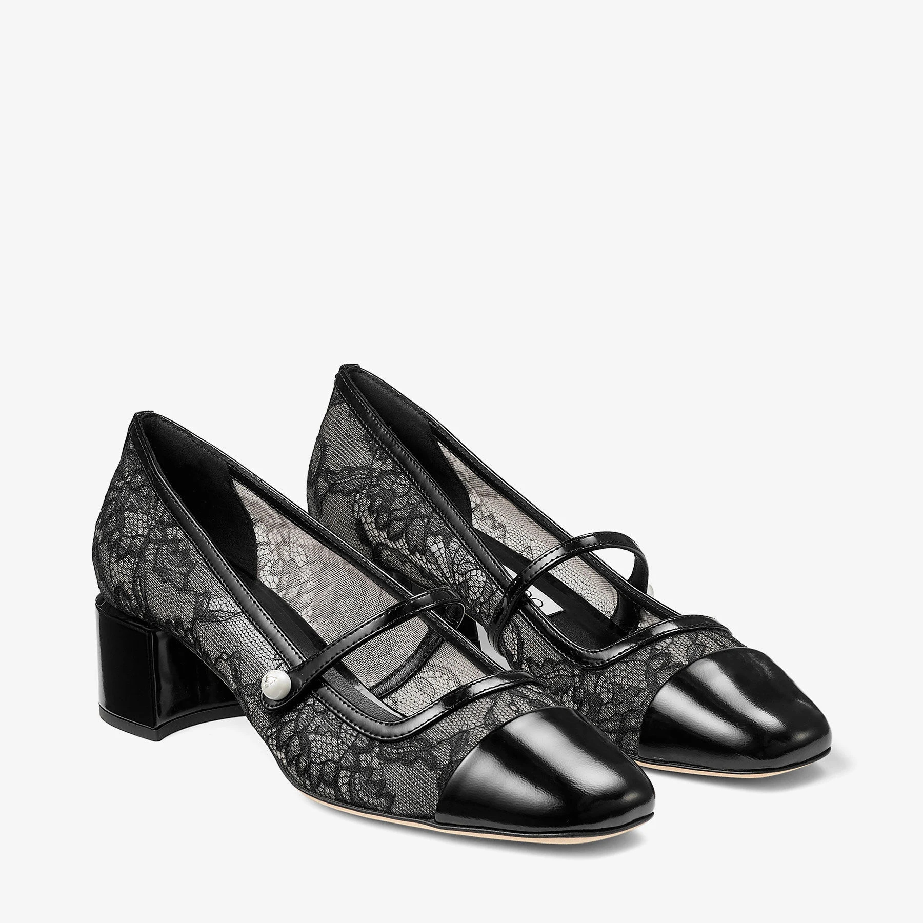 Jimmy Choo Elisa Pumps Block Heel Lace Overlay Pearls In Black