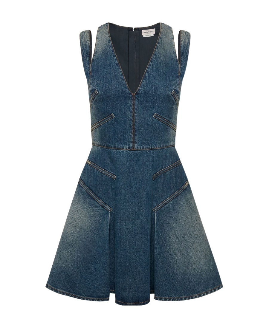 Alexander Mcqueen Blue Mini Dress With Cut-out Detail And Pleated Skirt In Cotton Denim Woman In Blue