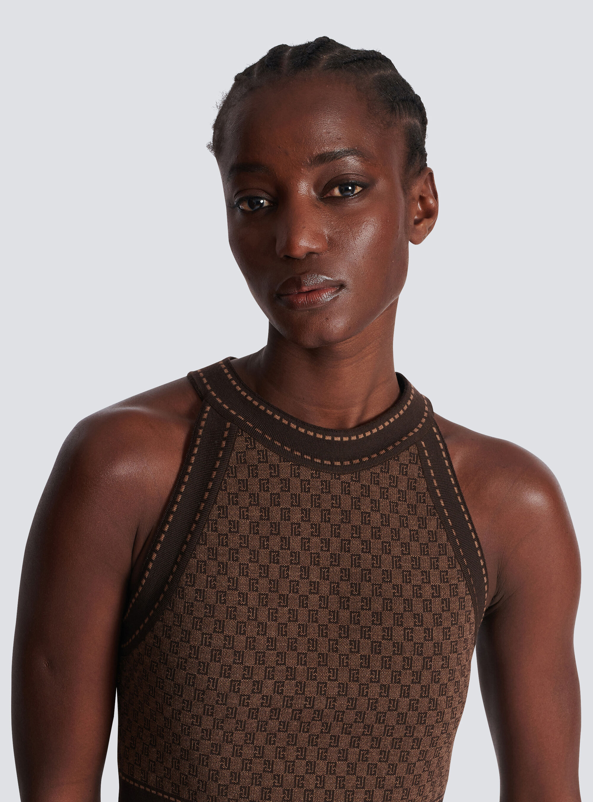 Balmain Mini Monogram Jaquard Crop Top In Brown