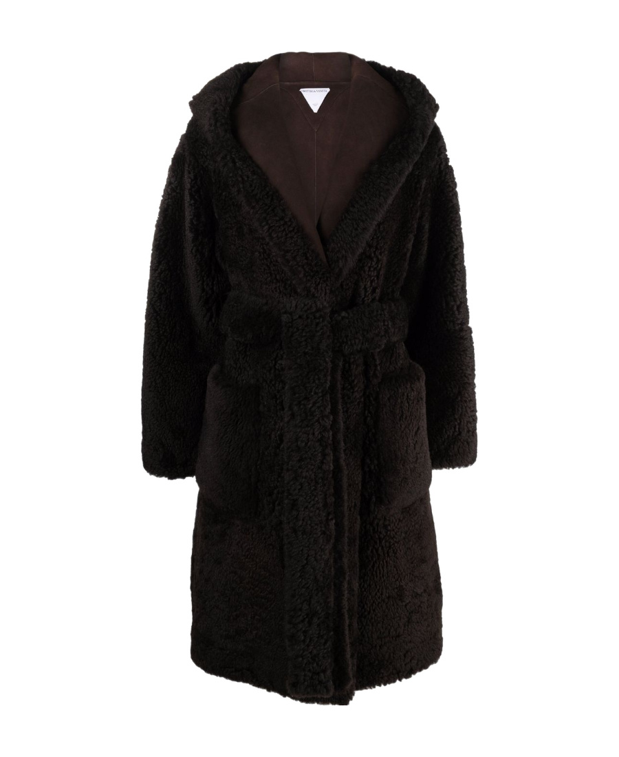 Bottega Veneta Hooded Belted Shearling Coat In Black