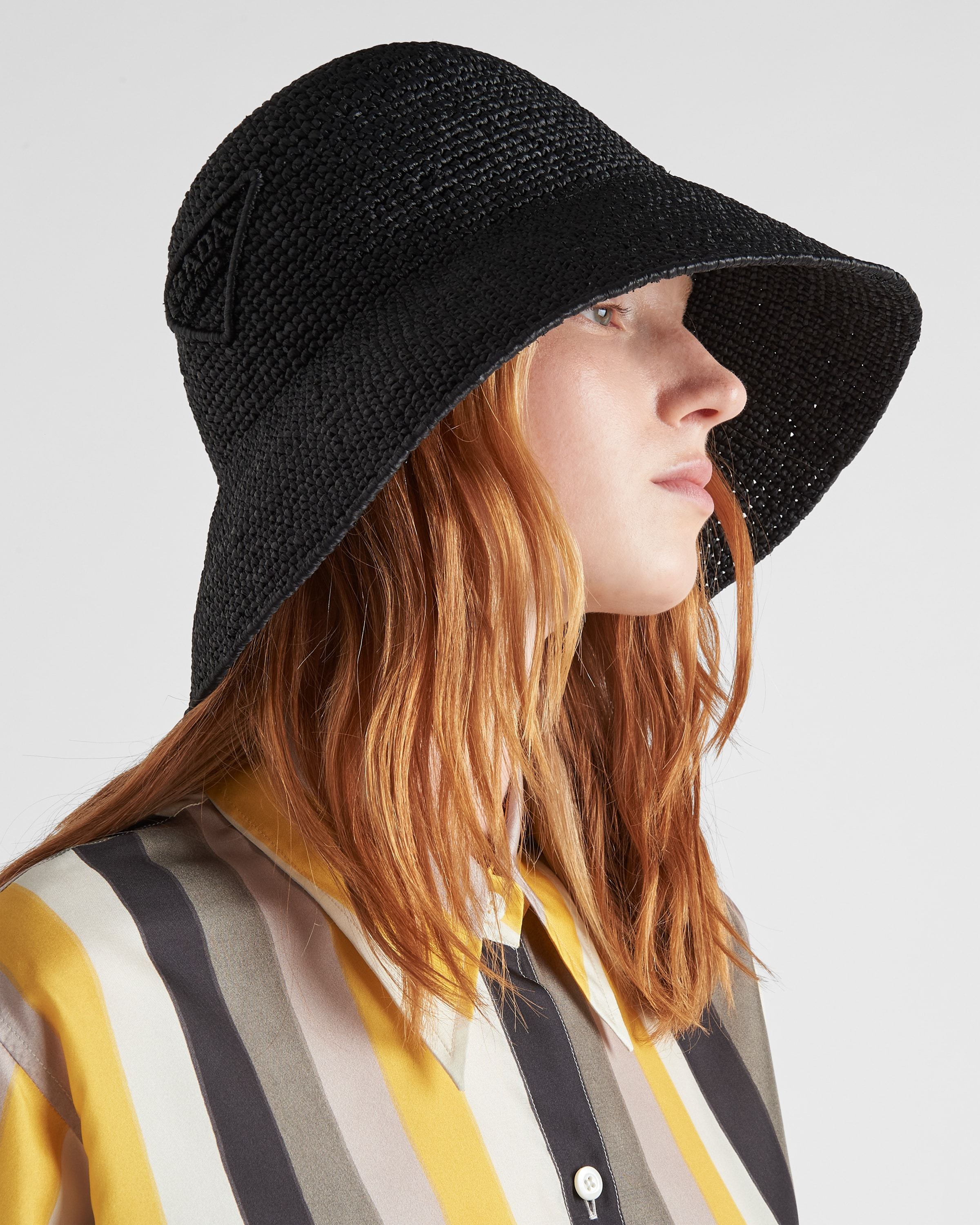 Prada Logo Crochet Bucket Hat In Black