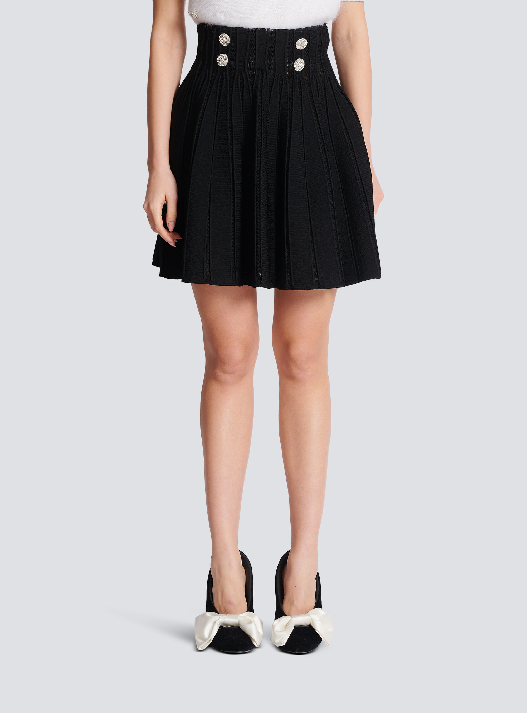 Balmain Double-breasted Rib Knit Flare Mini Skirt In Black