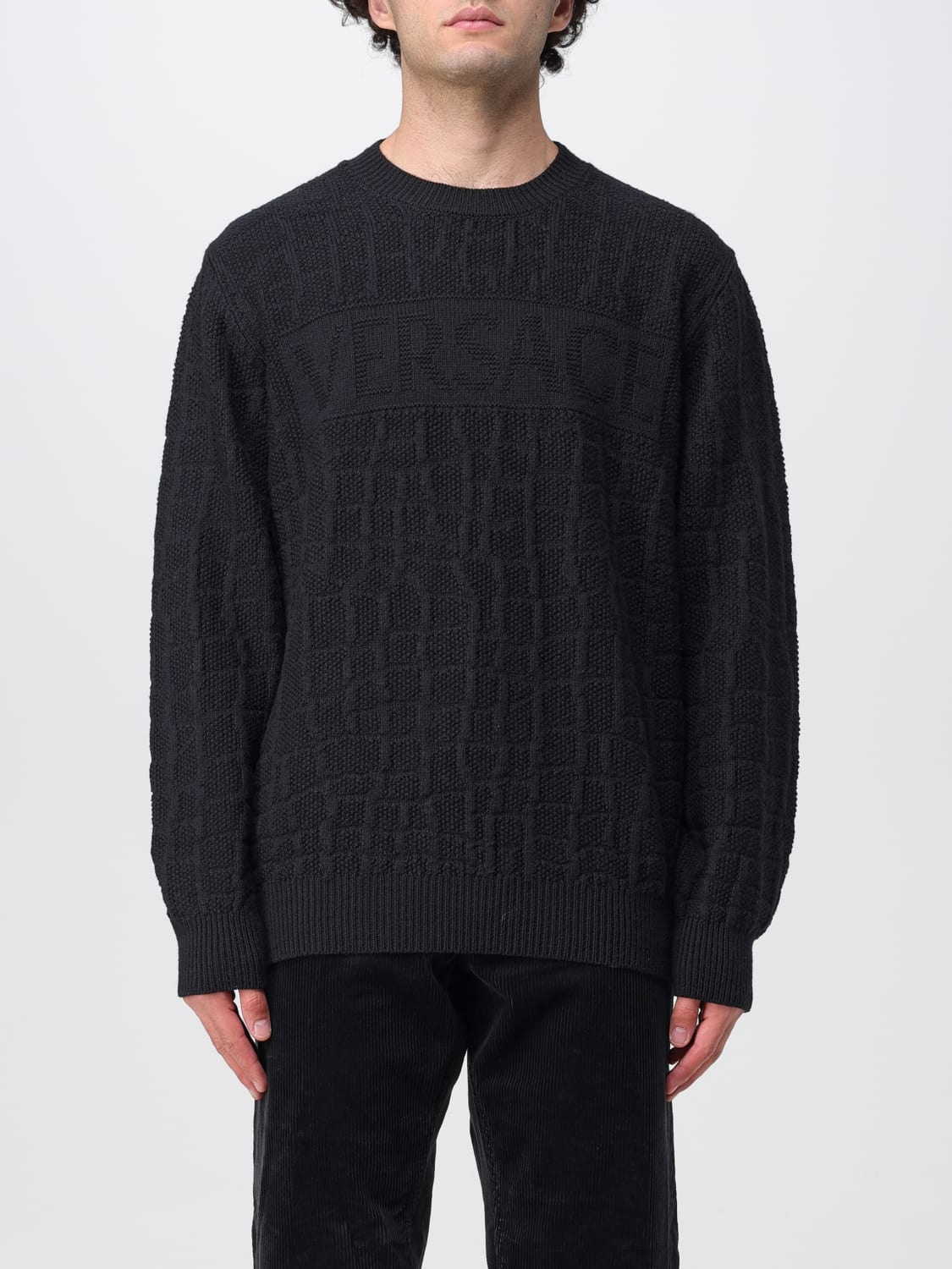 Versace Crocodile-pattern Cable-knit Jumper In Black