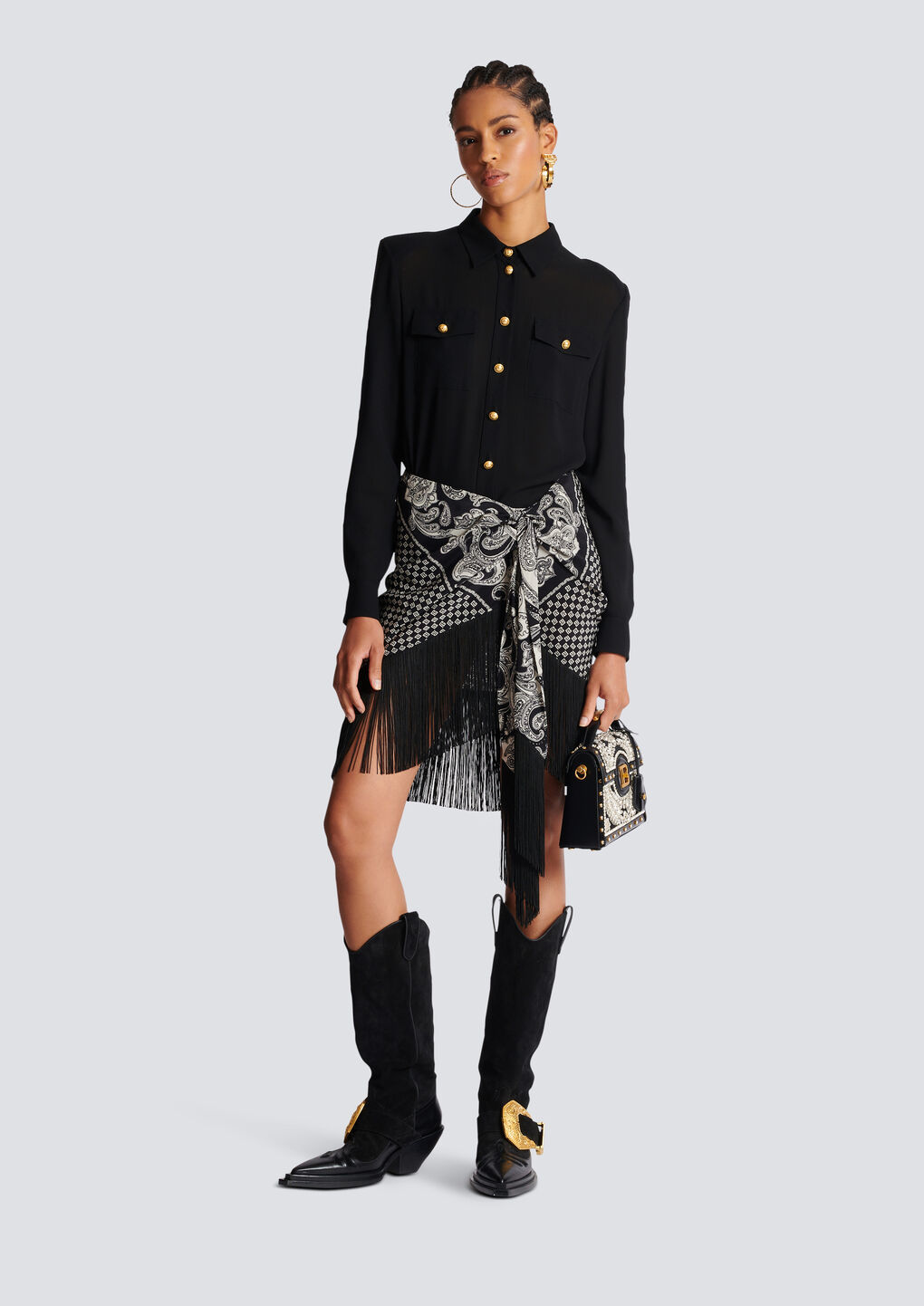 Balmain Fringed Paisley-print Silk Miniskirt In Black