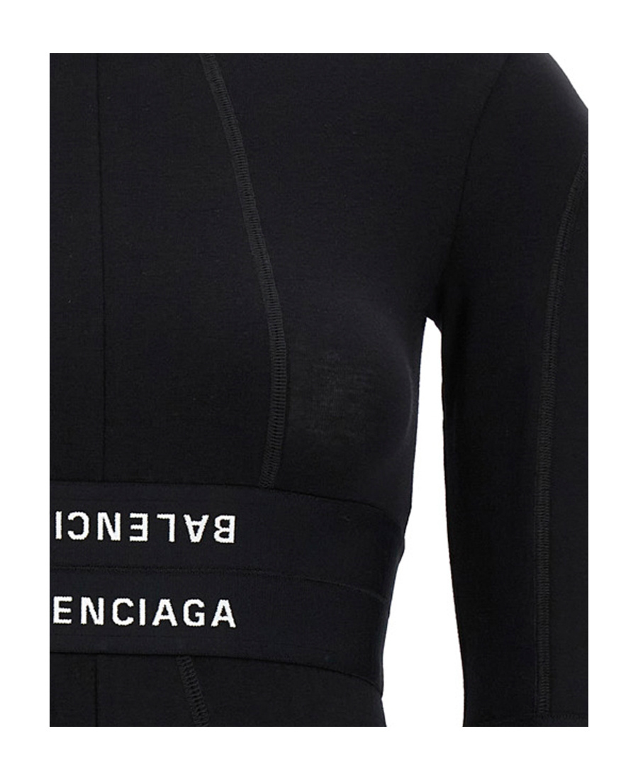 Balenciaga Patched Brief Logo Long Sleeve Stretch Cotton Minidress In Black/white